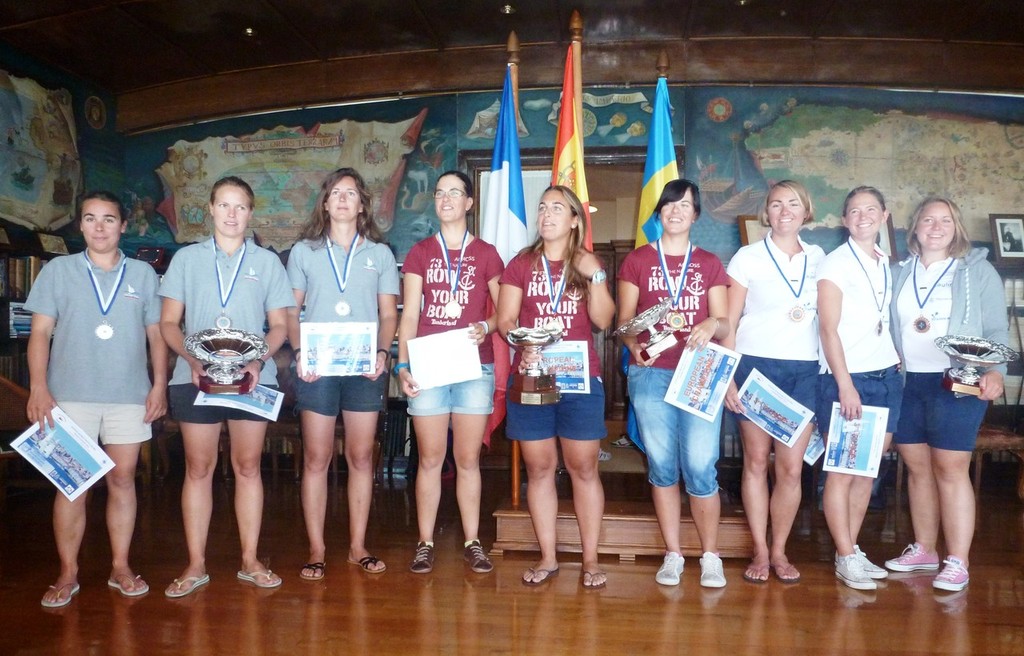 From left to right; France, Spain and Sweden Pauline Chalaux, Julie Bossard, Pauline Courtois, Fátima Reyes, Silvia Roca, Lucia Reyes, Louise Kruuse af Verchou, Frida Langenius & Caroline Sylvan - Eurosaf Women’s Match Racing European Championship 2012 © Eurosaf